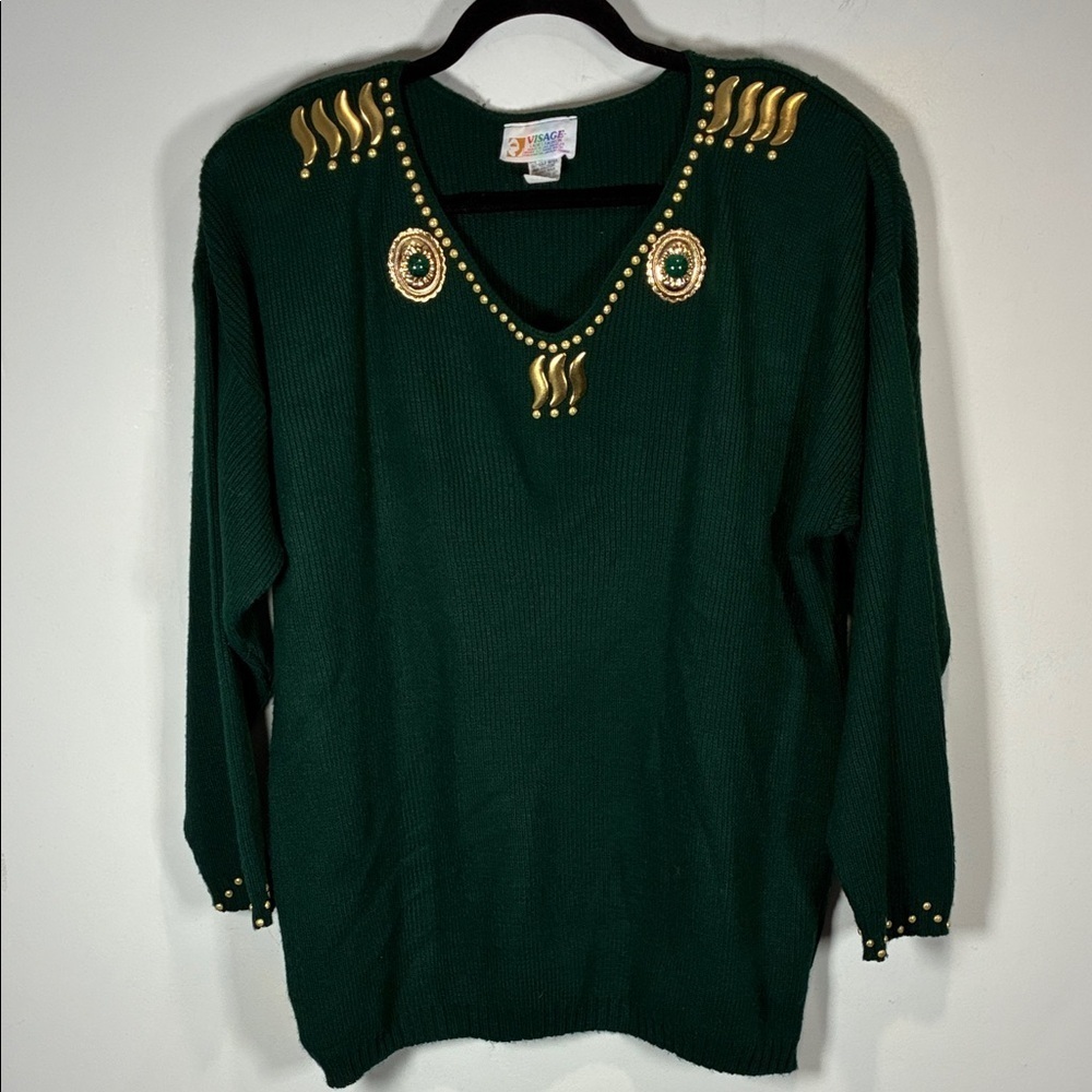 Vintage 90s Green Embellished Sweater XL Gold Studded V-Neck Retro - Picture 2 of 13